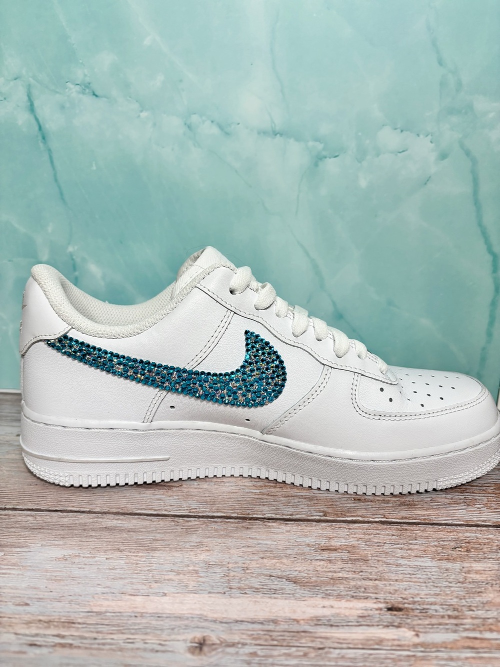 Nike Air Force 1 Custom Teal Rhinestone Sparkle Swoosh AF1 Shoes | Size 9 - Picture 3 of 9
